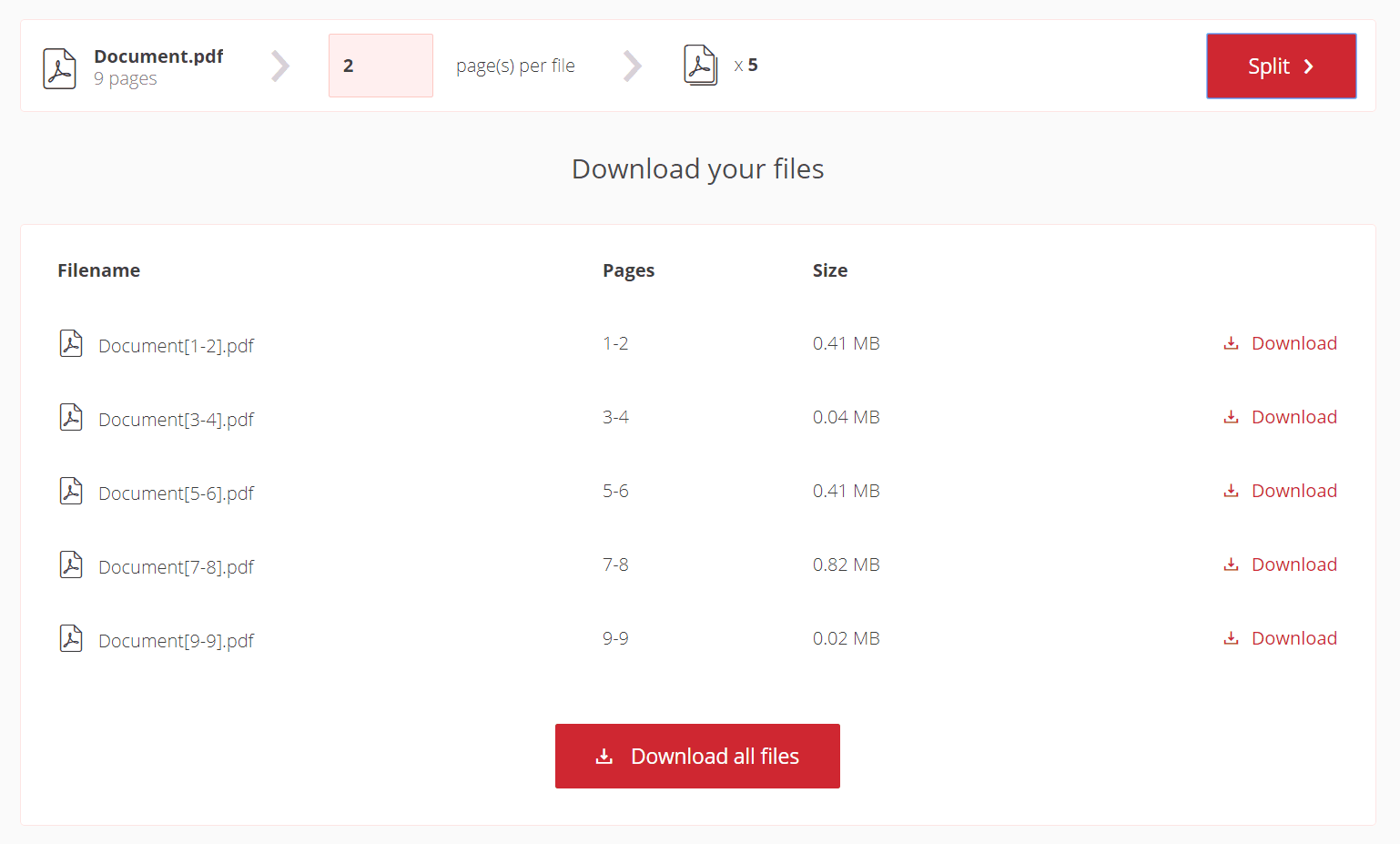 PDFファイルを複数のピースに分割し、ひとつずつ、または一度に全部ダウンロードします。